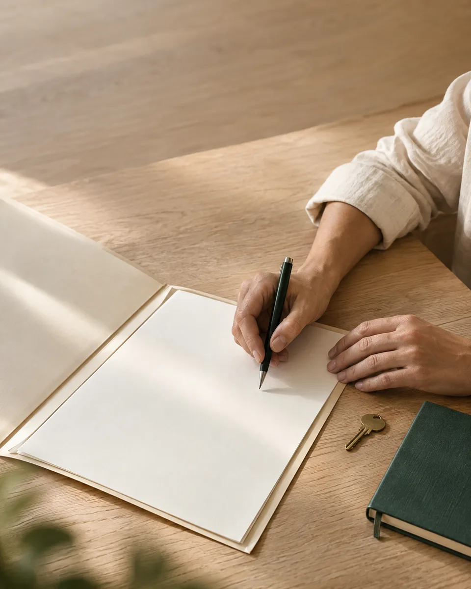 Escena editorial ilustrativa: manos, una carpeta y documentos sobre una mesa con luz natural